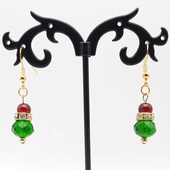 Christmas Holiday Red Green White on Gold Drop Earrings Handmade Jewelry - Picture 3 of 7